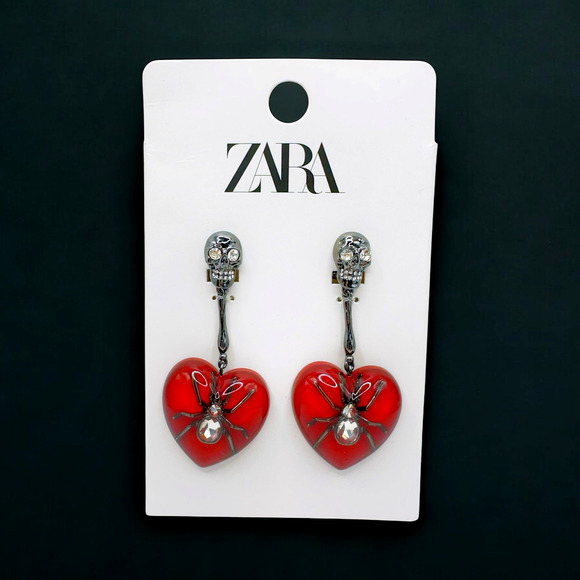 ZARA Halloween Earrings Red Lucite Gothic Heart Spider Crystal Drop Dangle NEW - Picture 1 of 8